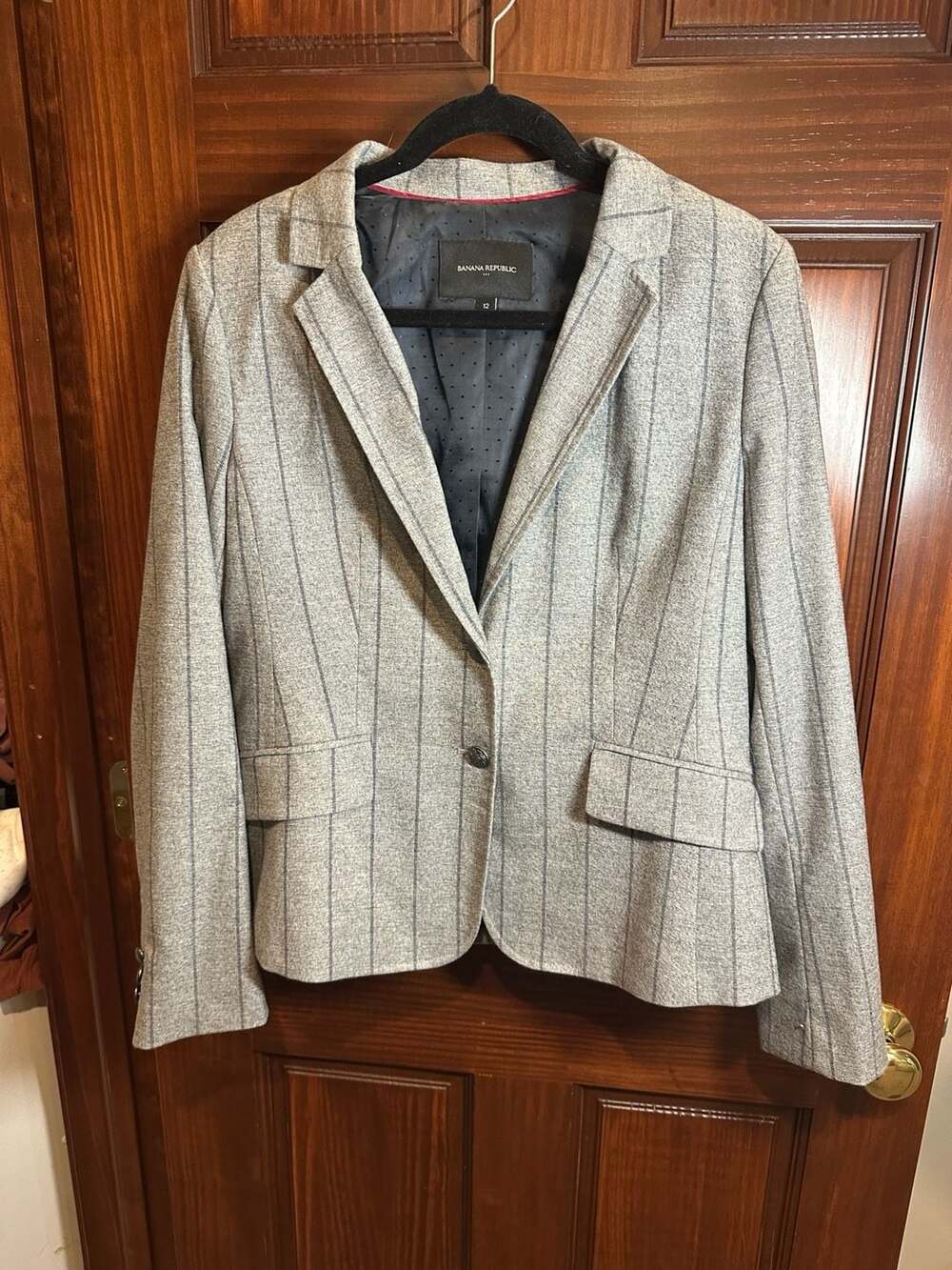 Banana Republic Pinstripe Blazer Size 12 Gray Blue Striped Jacket